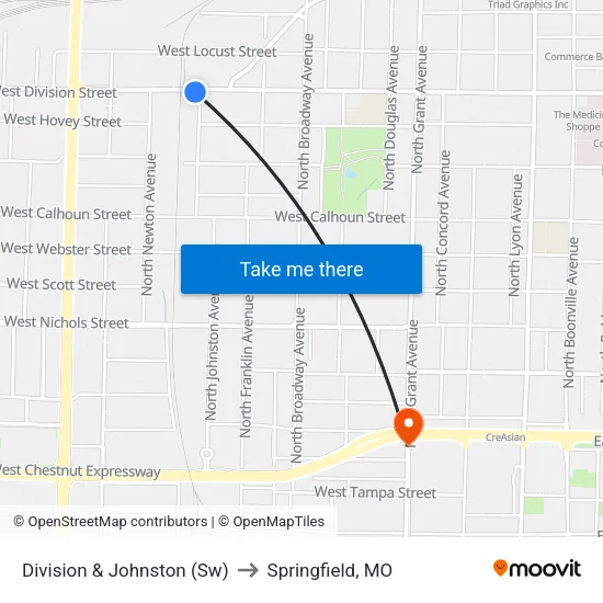 Division & Johnston (Sw) to Springfield, MO map