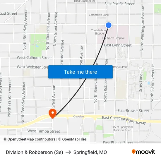 Division & Robberson (Se) to Springfield, MO map