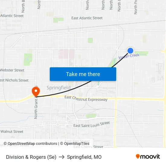 Division & Rogers (Se) to Springfield, MO map
