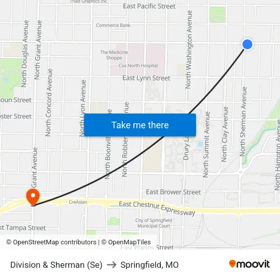 Division & Sherman (Se) to Springfield, MO map