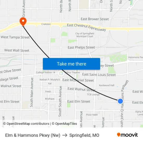 Elm & Hammons Pkwy (Nw) to Springfield, MO map