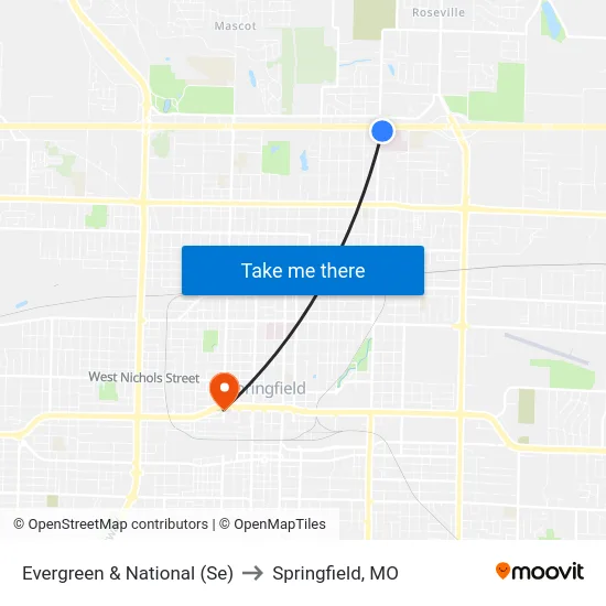 Evergreen & National (Se) to Springfield, MO map