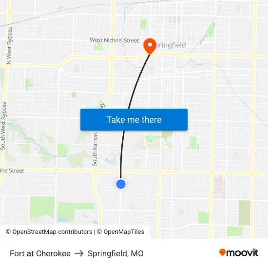 Fort at Cherokee to Springfield, MO map