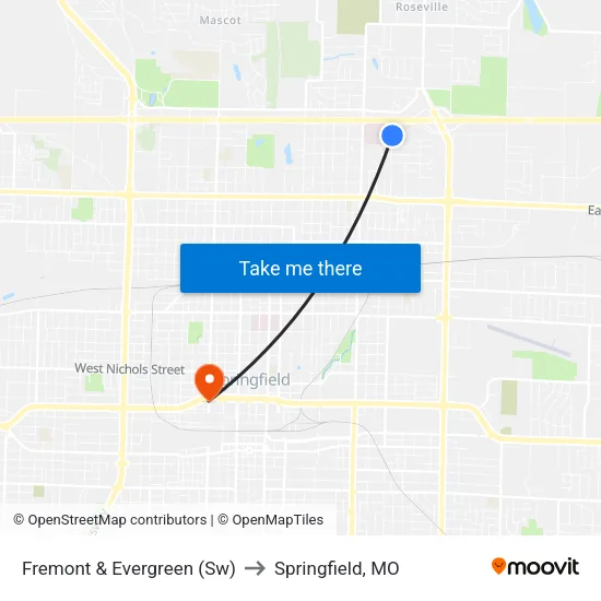 Fremont & Evergreen (Sw) to Springfield, MO map