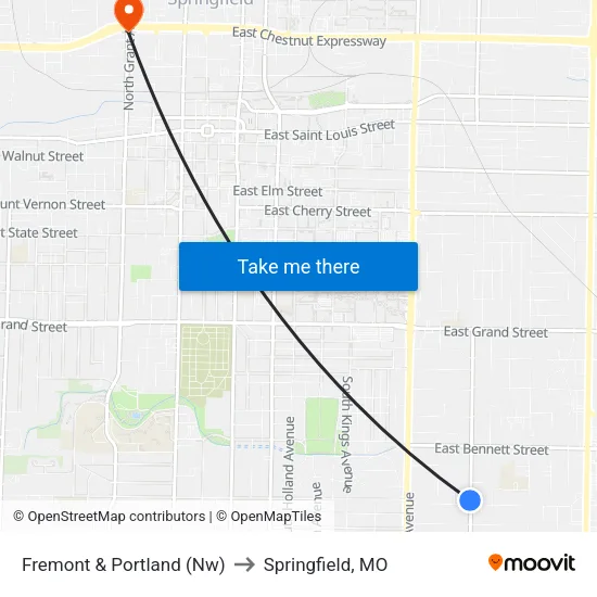 Fremont & Portland (Nw) to Springfield, MO map