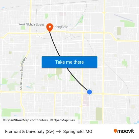 Fremont & University (Sw) to Springfield, MO map
