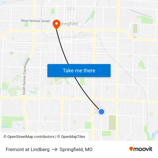 Fremont at Lindberg to Springfield, MO map