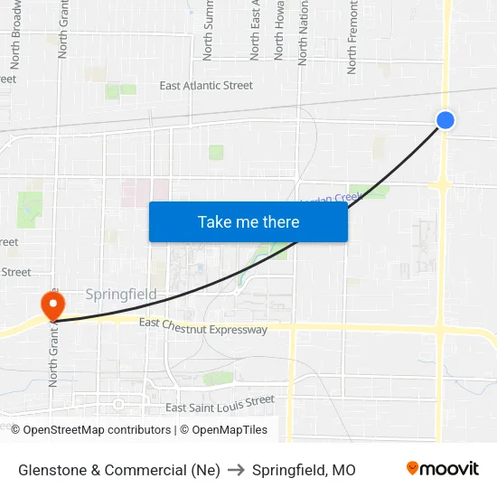 Glenstone & Commercial (Ne) to Springfield, MO map