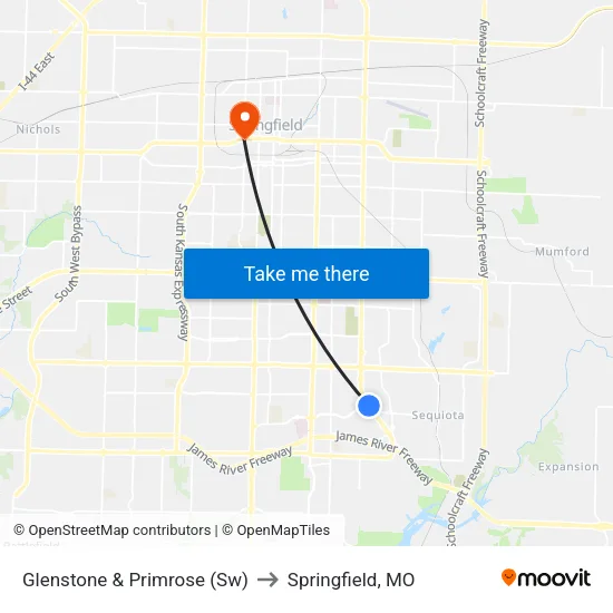 Glenstone & Primrose (Sw) to Springfield, MO map