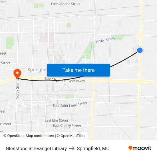 Glenstone at Evangel Library to Springfield, MO map