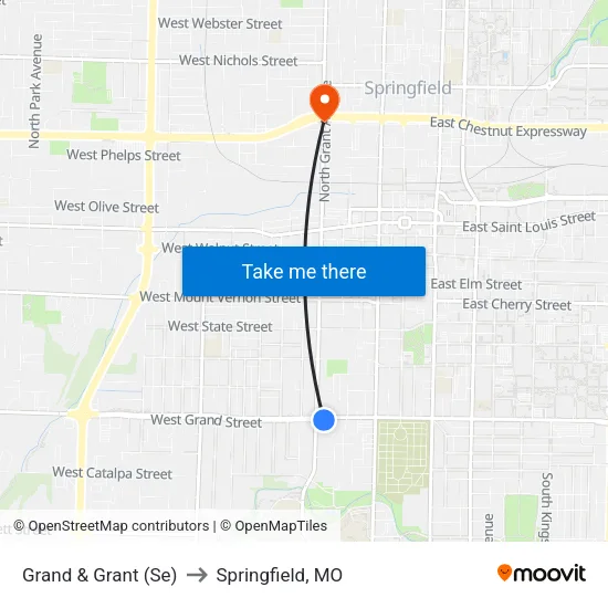 Grand & Grant (Se) to Springfield, MO map