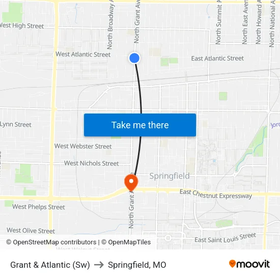 Grant & Atlantic (Sw) to Springfield, MO map
