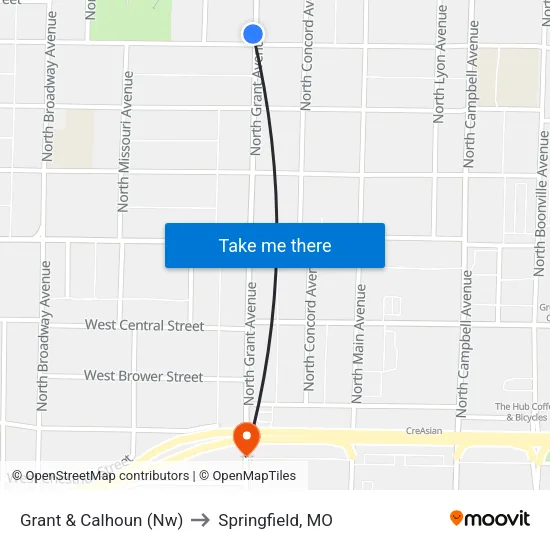 Grant & Calhoun (Nw) to Springfield, MO map