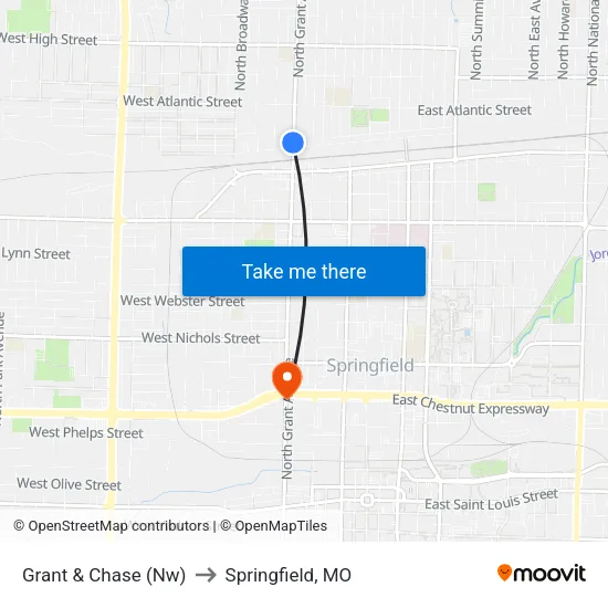 Grant & Chase (Nw) to Springfield, MO map