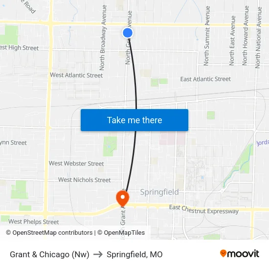 Grant & Chicago (Nw) to Springfield, MO map