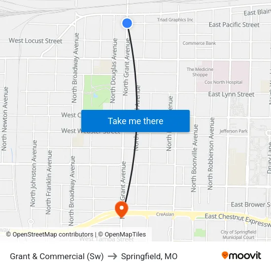 Grant & Commercial (Sw) to Springfield, MO map