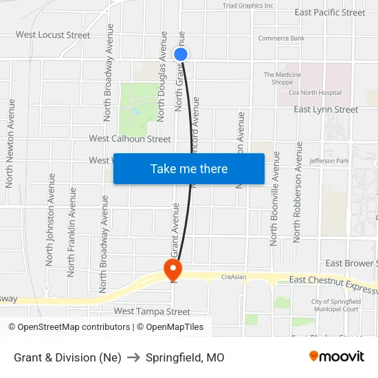 Grant & Division (Ne) to Springfield, MO map