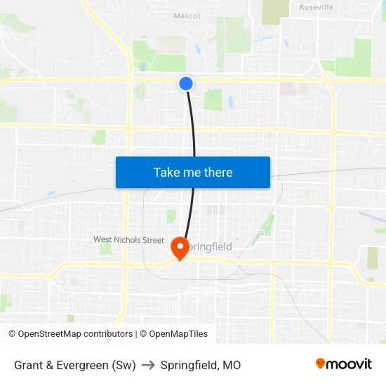Grant & Evergreen (Sw) to Springfield, MO map