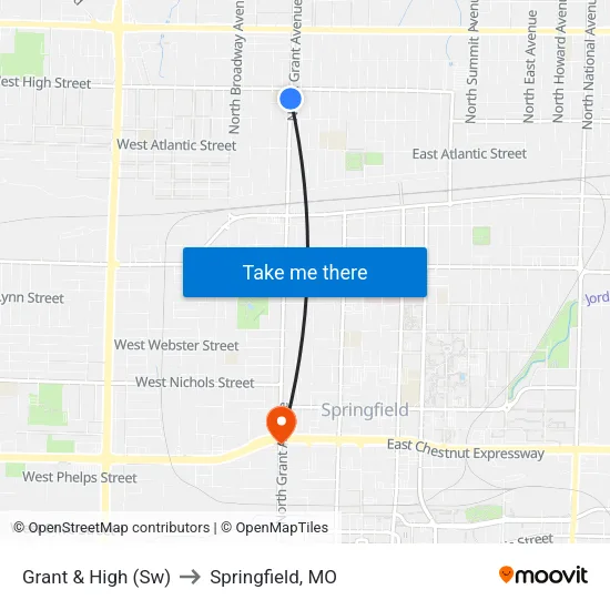 Grant & High (Sw) to Springfield, MO map