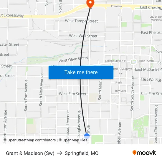 Grant & Madison (Sw) to Springfield, MO map