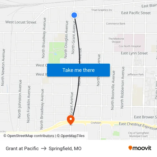 Grant at Pacific to Springfield, MO map
