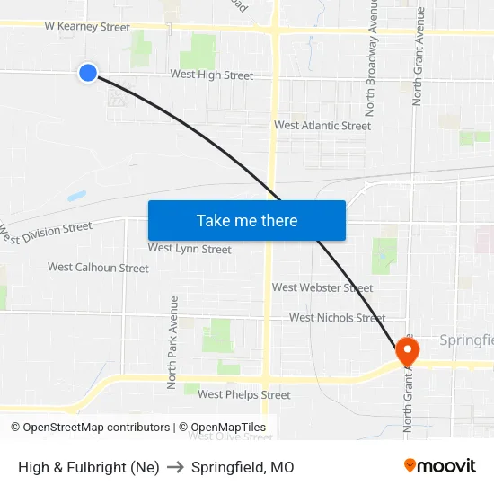 High & Fulbright (Ne) to Springfield, MO map