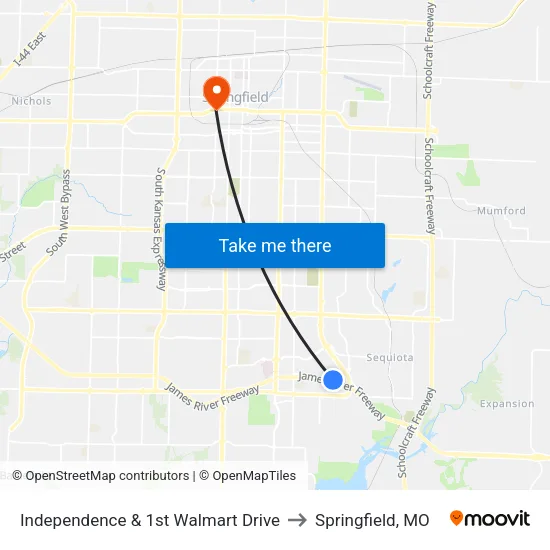 Independence & 1st Walmart Drive to Springfield, MO map
