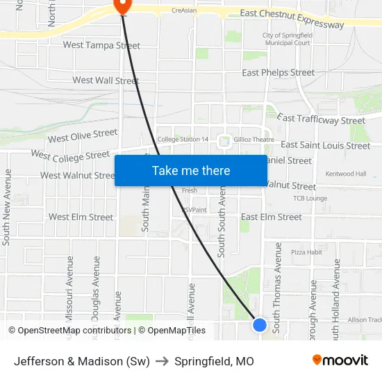 Jefferson & Madison (Sw) to Springfield, MO map