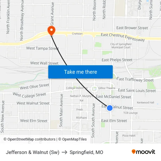 Jefferson & Walnut (Sw) to Springfield, MO map