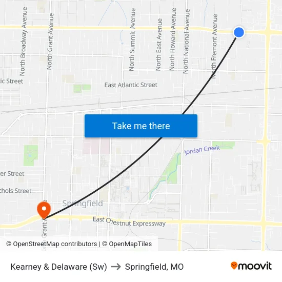 Kearney & Delaware (Sw) to Springfield, MO map