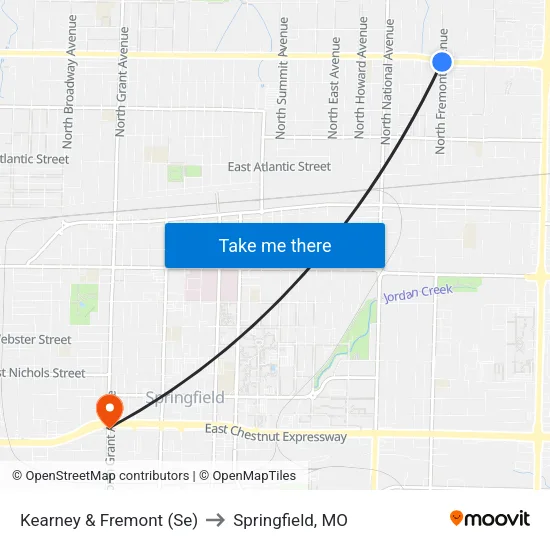 Kearney & Fremont (Se) to Springfield, MO map
