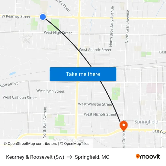 Kearney & Roosevelt (Sw) to Springfield, MO map
