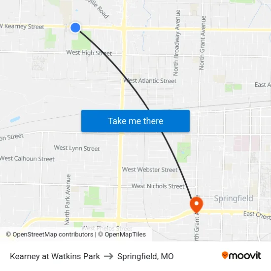 Kearney at Watkins Park to Springfield, MO map