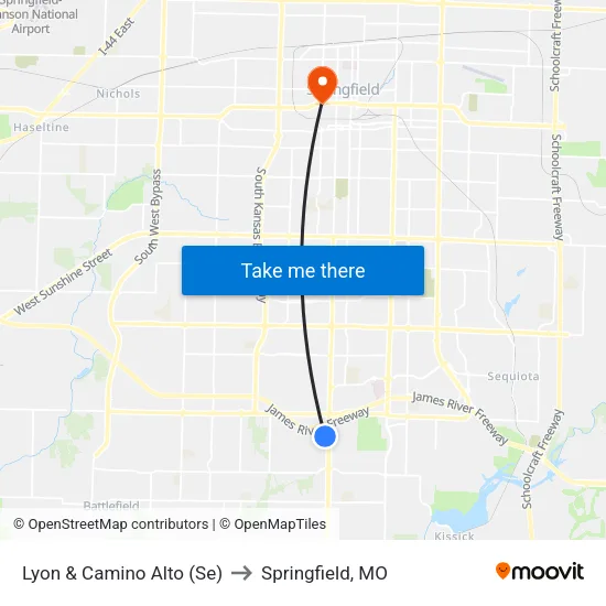 Lyon & Camino Alto (Se) to Springfield, MO map