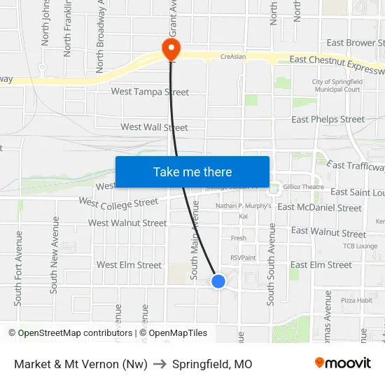 Market & Mt Vernon (Nw) to Springfield, MO map