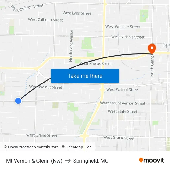 Mt Vernon & Glenn (Nw) to Springfield, MO map