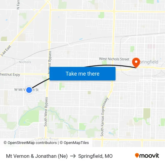 Mt Vernon & Jonathan (Ne) to Springfield, MO map