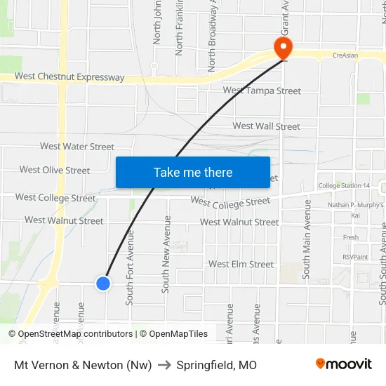 Mt Vernon & Newton (Nw) to Springfield, MO map
