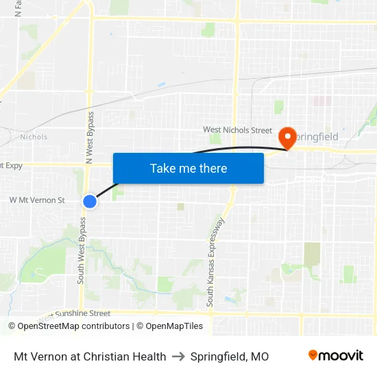 Mt Vernon at Christian Health to Springfield, MO map