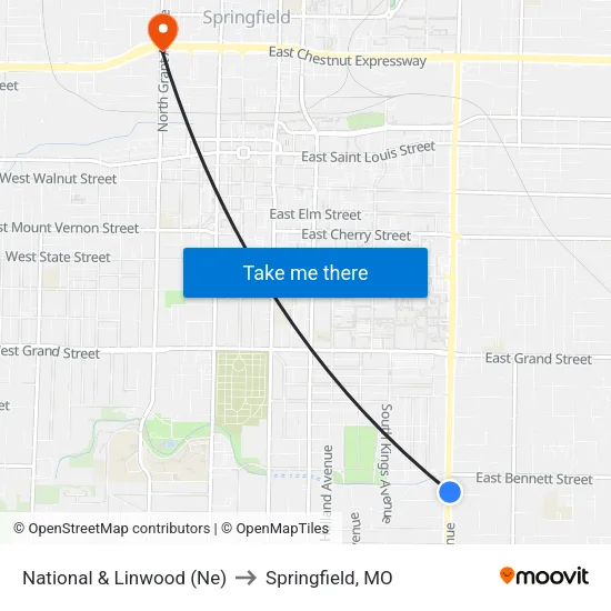 National & Linwood (Ne) to Springfield, MO map