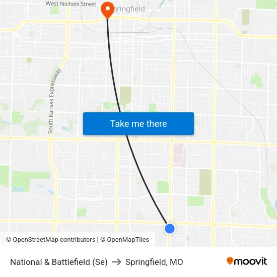National & Battlefield (Se) to Springfield, MO map