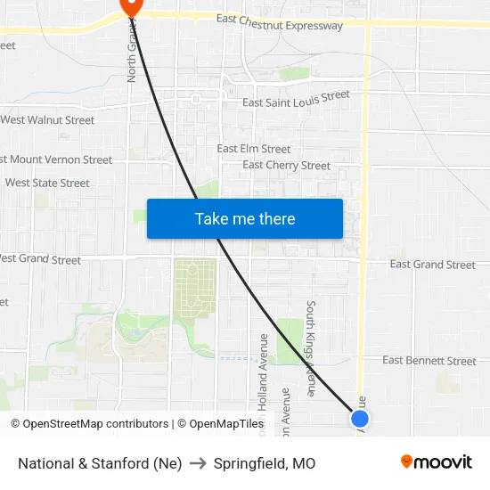 National & Stanford (Ne) to Springfield, MO map
