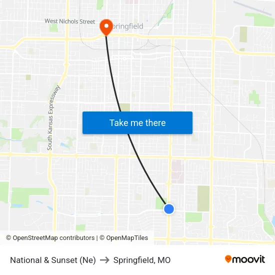 National & Sunset (Ne) to Springfield, MO map