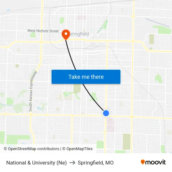 National & University (Ne) to Springfield, MO map