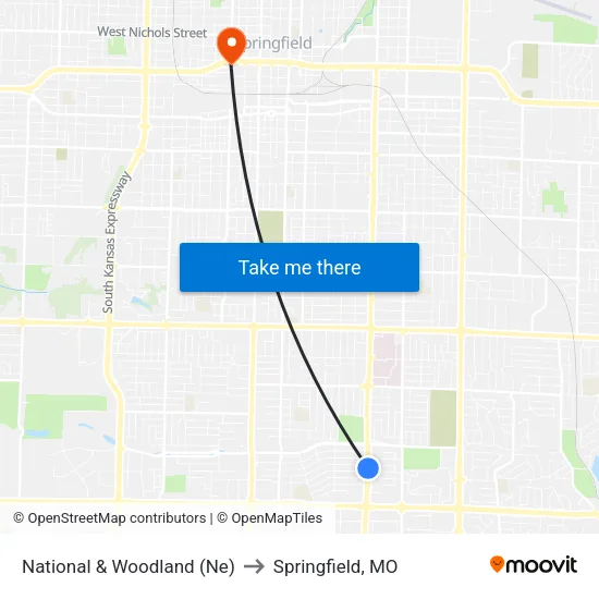 National & Woodland (Ne) to Springfield, MO map