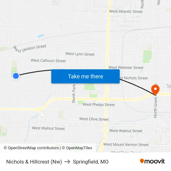 Nichols & Hillcrest (Nw) to Springfield, MO map
