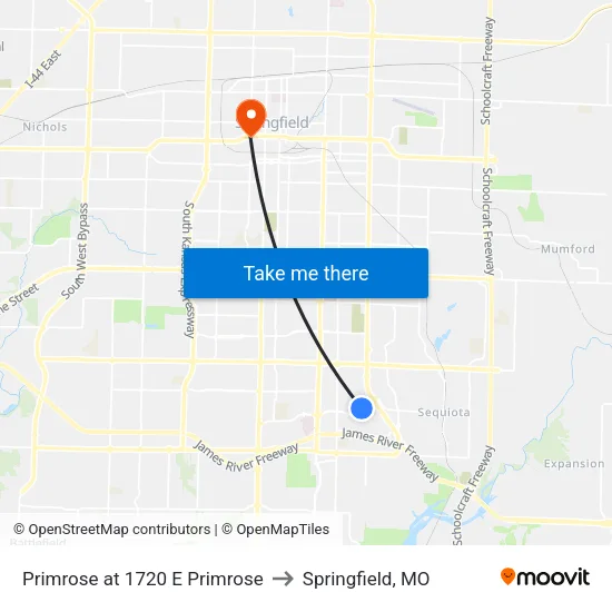 Primrose at 1720 E Primrose to Springfield, MO map