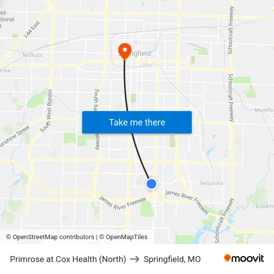 Primrose at Cox Health (North) to Springfield, MO map