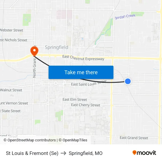 St Louis & Fremont (Se) to Springfield, MO map
