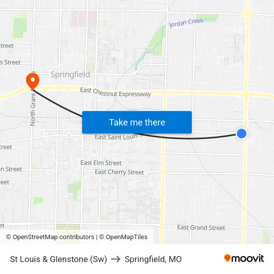 St Louis & Glenstone (Sw) to Springfield, MO map